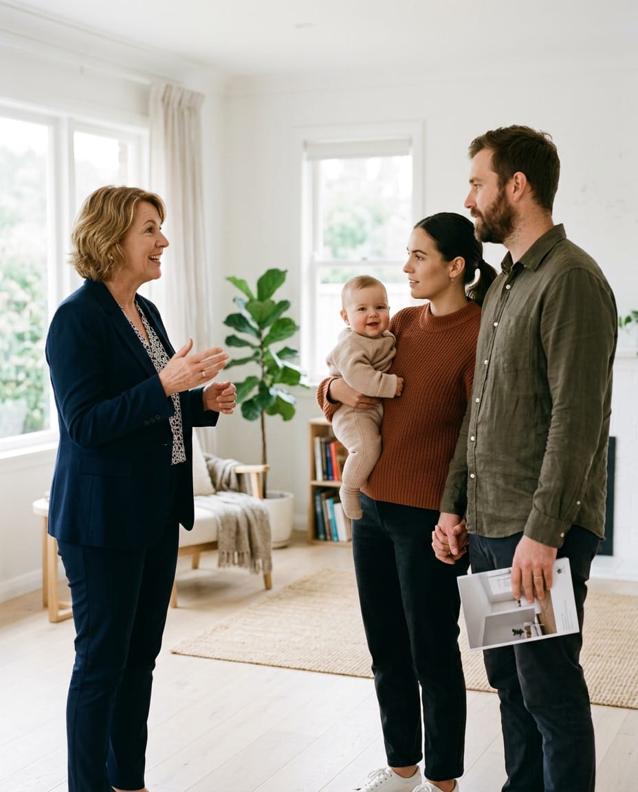 Generated image of a real estate agent in a navy blazer talking with a couple holding their baby in a bright empty living room