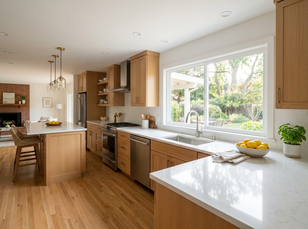 Generated image of a bright oak kitchen with a window over the sink