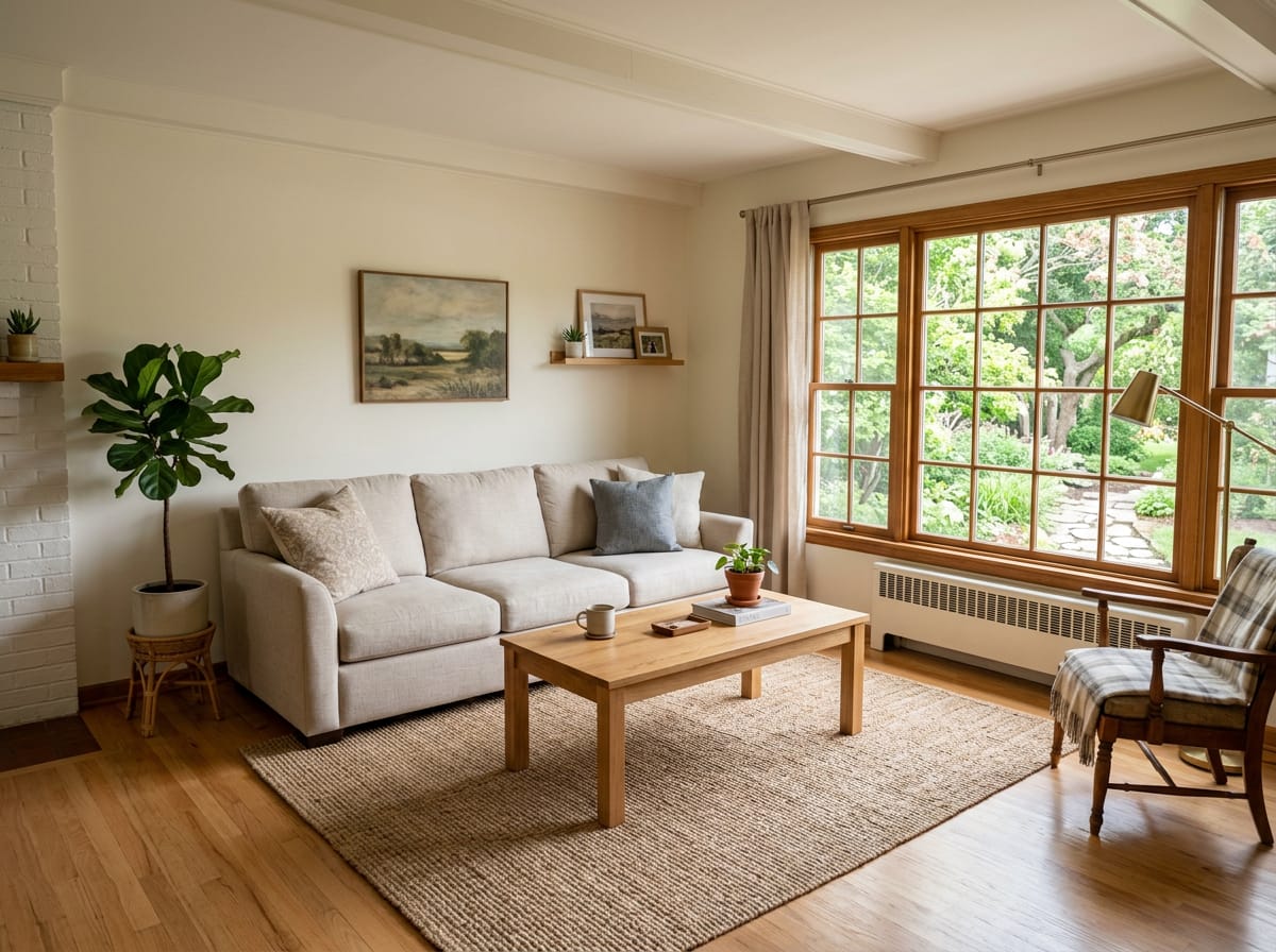 Generated image of a living room with a linen sofa and garden windows