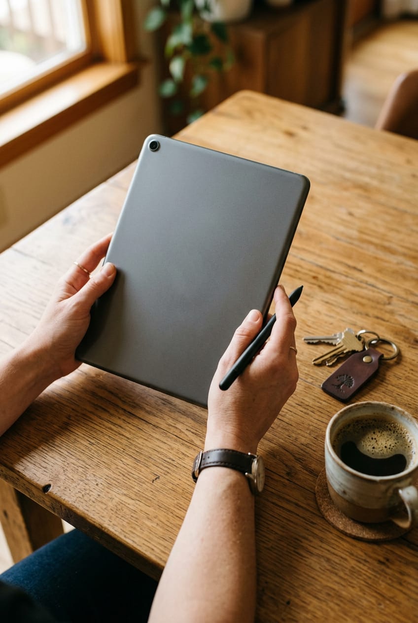 Generated image of an agent's hands holding a tablet and stylus above a wooden table with house keys and a coffee mug